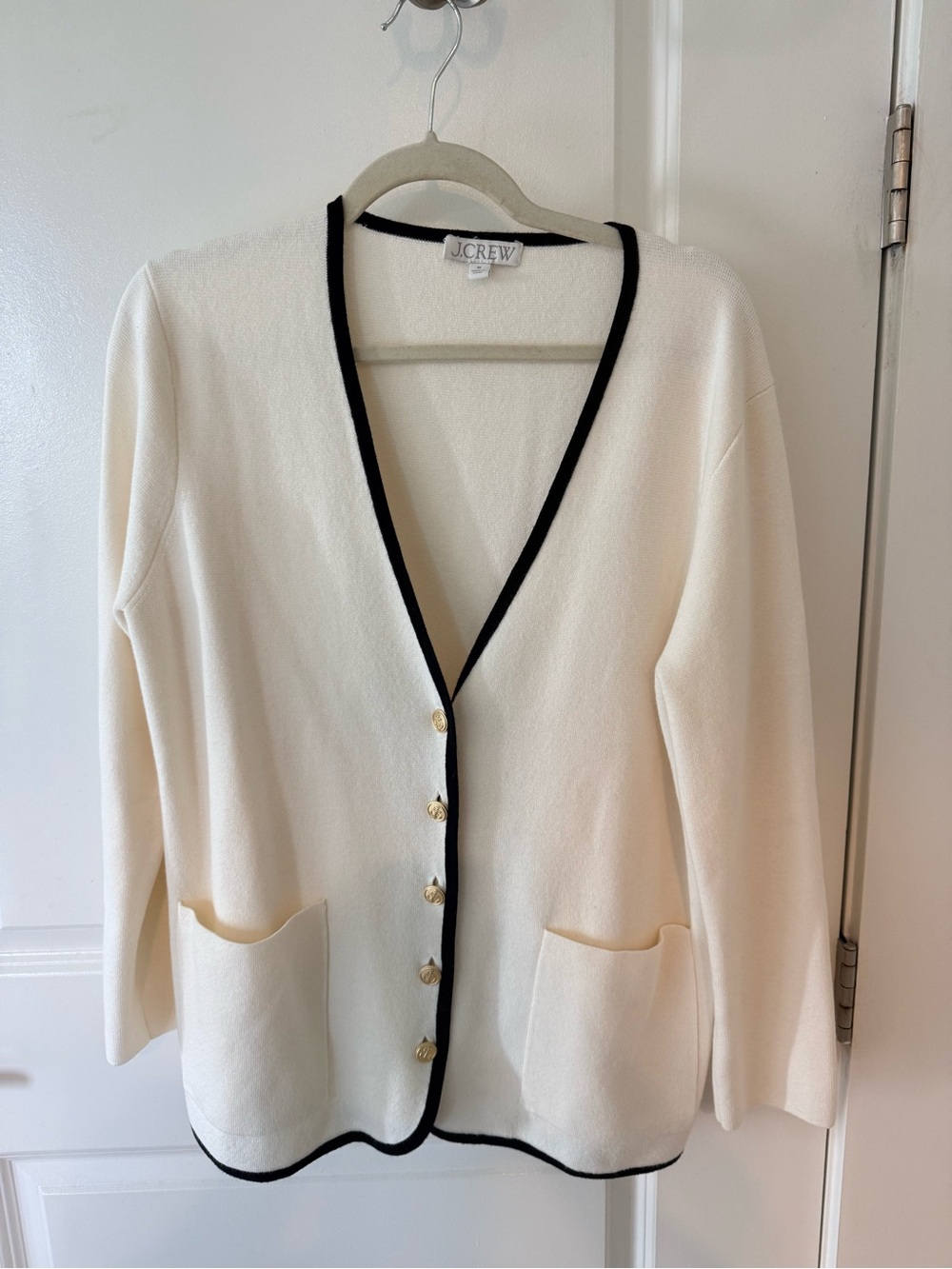 J. Crew Cream V-Neck Cardigan with Black Trim